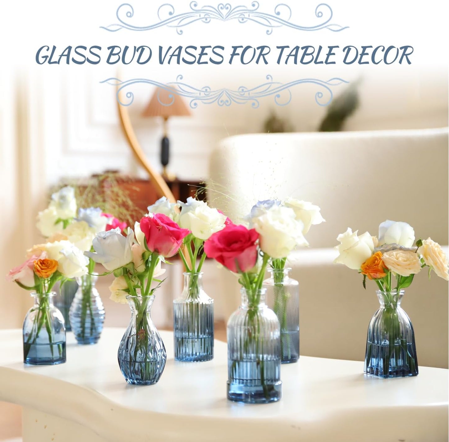 Bud Vases Set of 12, Gradient Blue Glass Vase Vintage Flower Vase for Decor Ribbed Small Bud Vases in Bulk Cute Wedding Birthday Party Centerpieces Table Decoration Home Decor