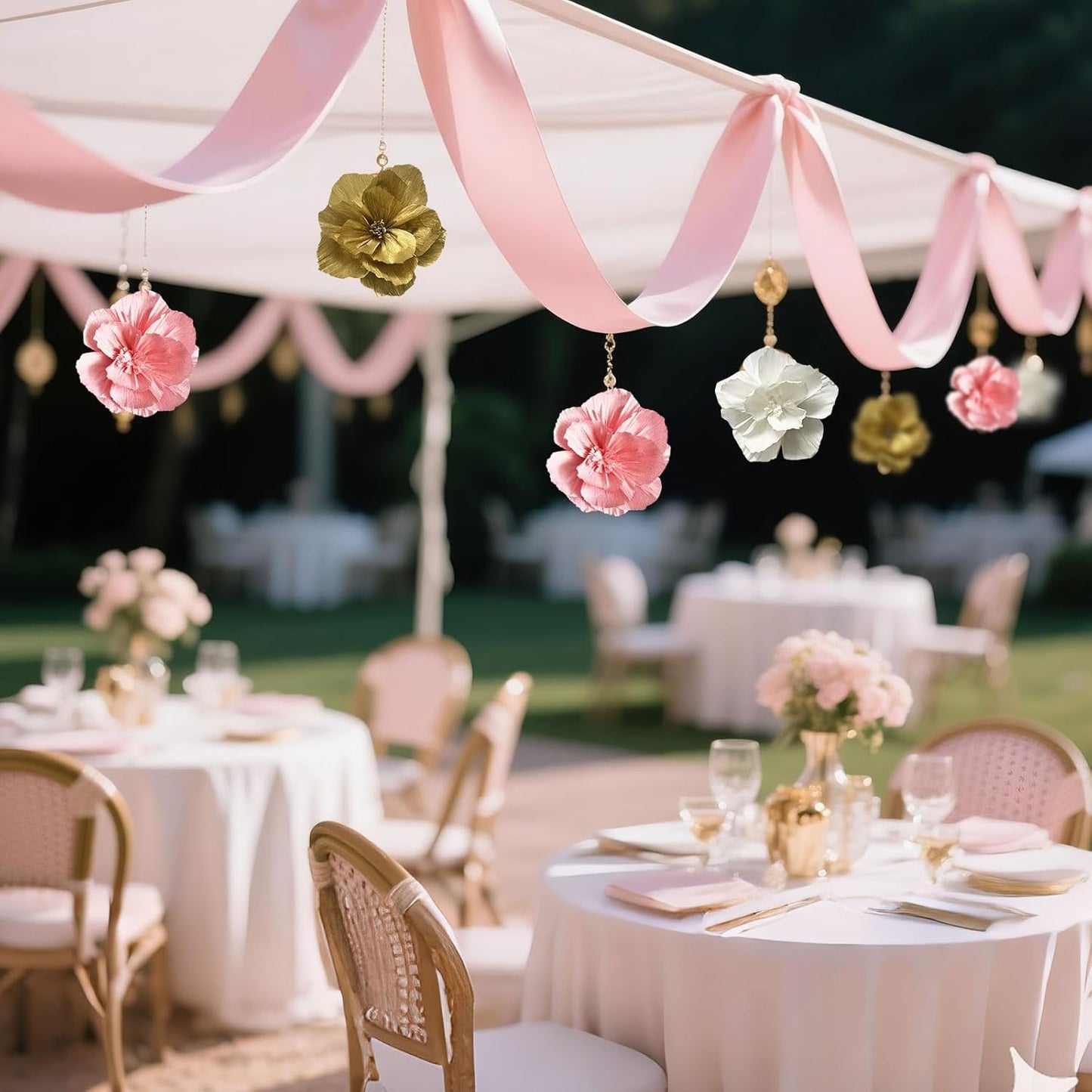 BRT Bearingshui Crepe Paper Flowers Decoration for Wall Total 9 Pcs, Artificial Flowers Backdrop for Wedding Decor Baby Bridal Shower Birthday Party, Pink White Gold 3D Wall Flowers Decor