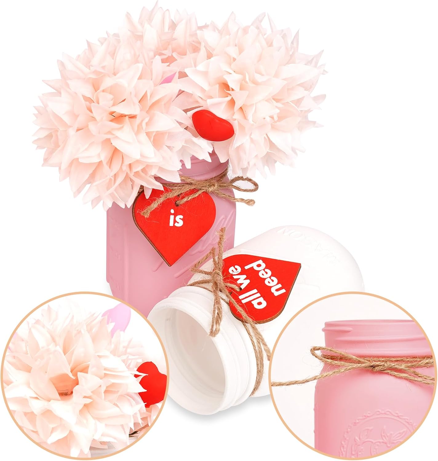 CNVOILA Valentines Table Decor, 6PC Mason Jars, Glass, Cylindrical, White, Red, Pink - Valentine's Day, Anniversary, Wedding, Farmhouse Decor