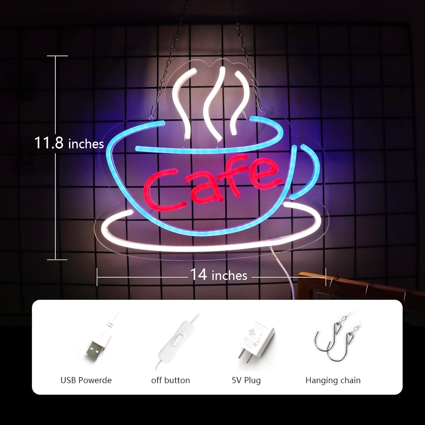 Cafe Neon Sign for Coffee Bar Pub Decor,Blue Wall Art Decoration For Restaurant Living room,Led Light of Cafe,USB Power Supply With Metal Chain.