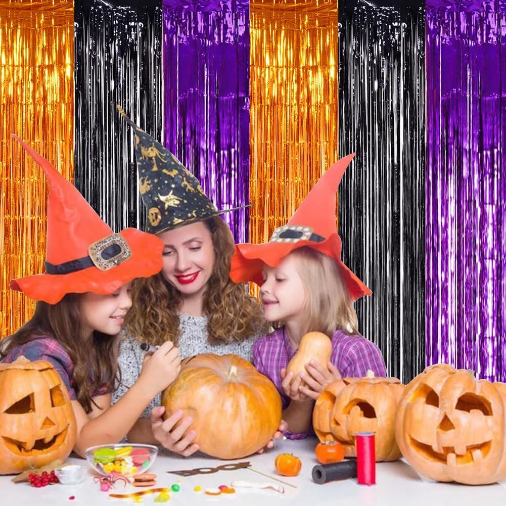 TONIFUL 2Pcs Orange Purple Black Metallic Tinsel Foil Fringe Curtains,3.28ft x 6.56ft Halloween Photo Booth Backdrop Streamer,Photo Props,for Party Door Wall Curtains Wedding Birthday(9.9ft x 6.6ft)