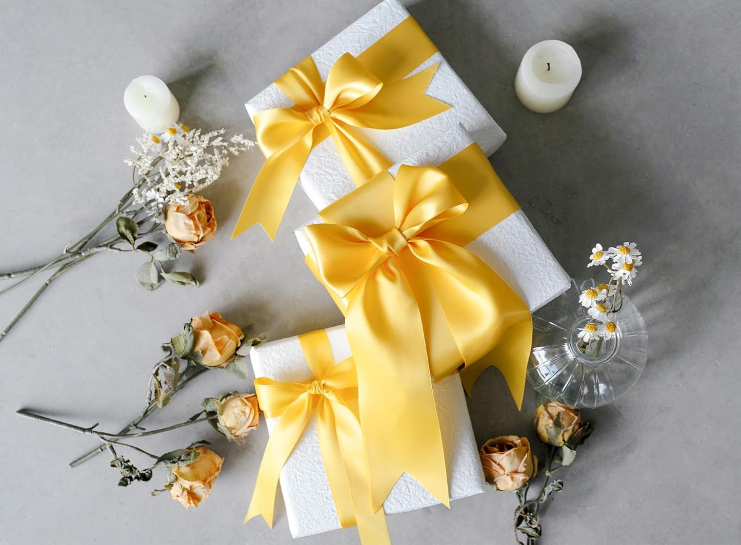 Yellow Ribbon 2.5 Inch Double-Faced Satin Ribbons 25 Yards for Crafts Gift Wrapping Flower Bouquet Wedding Paper Holiday Decorating