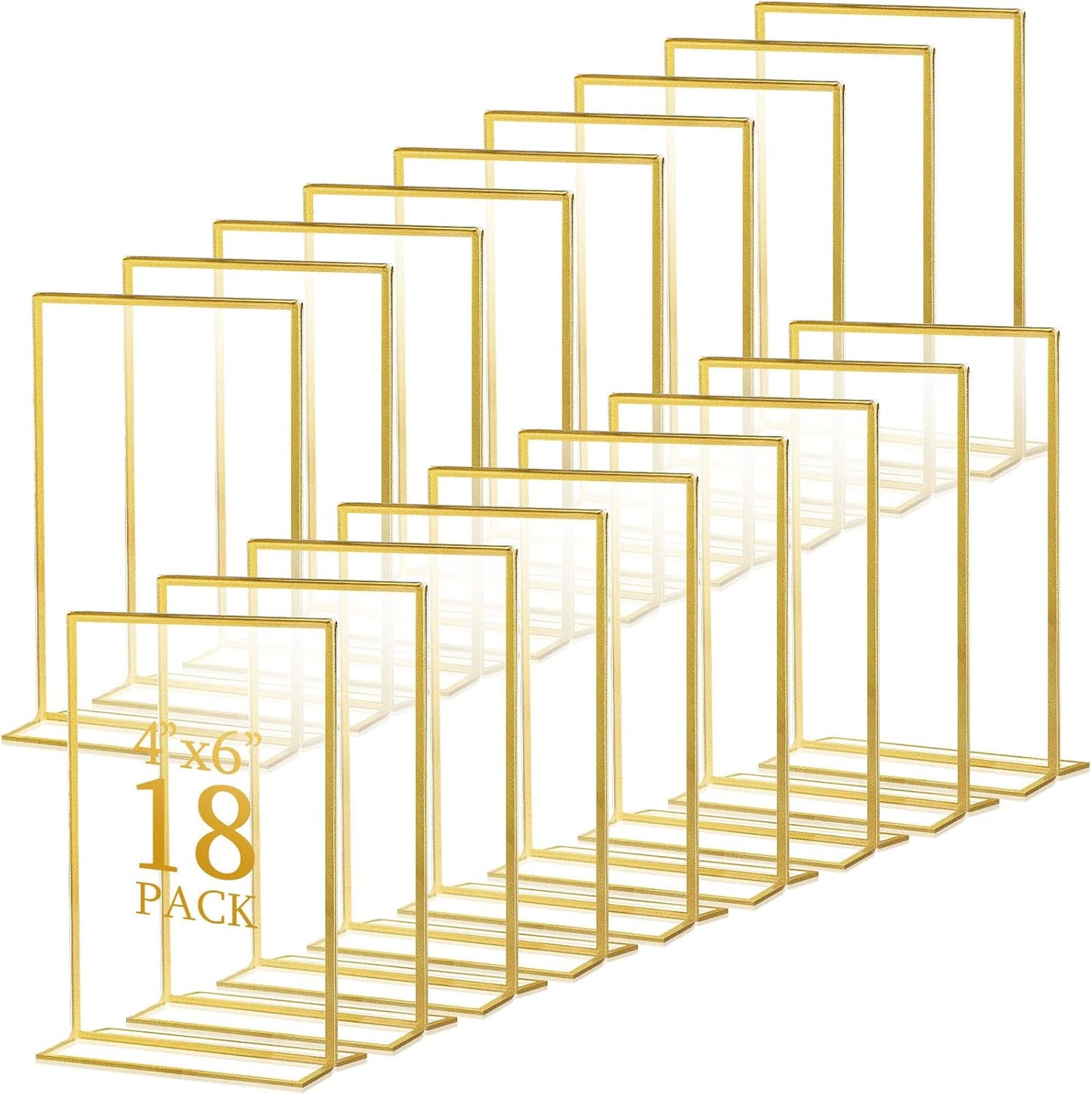 Hoteam 18 Pack Acrylic Sign Holder 4 x 6 Inch Gold Frames Wedding Table Number Holders, Double Sided Picture Frame Clear Display Menu Stand for Home Photo Flyers Wedding Party (Vertical)
