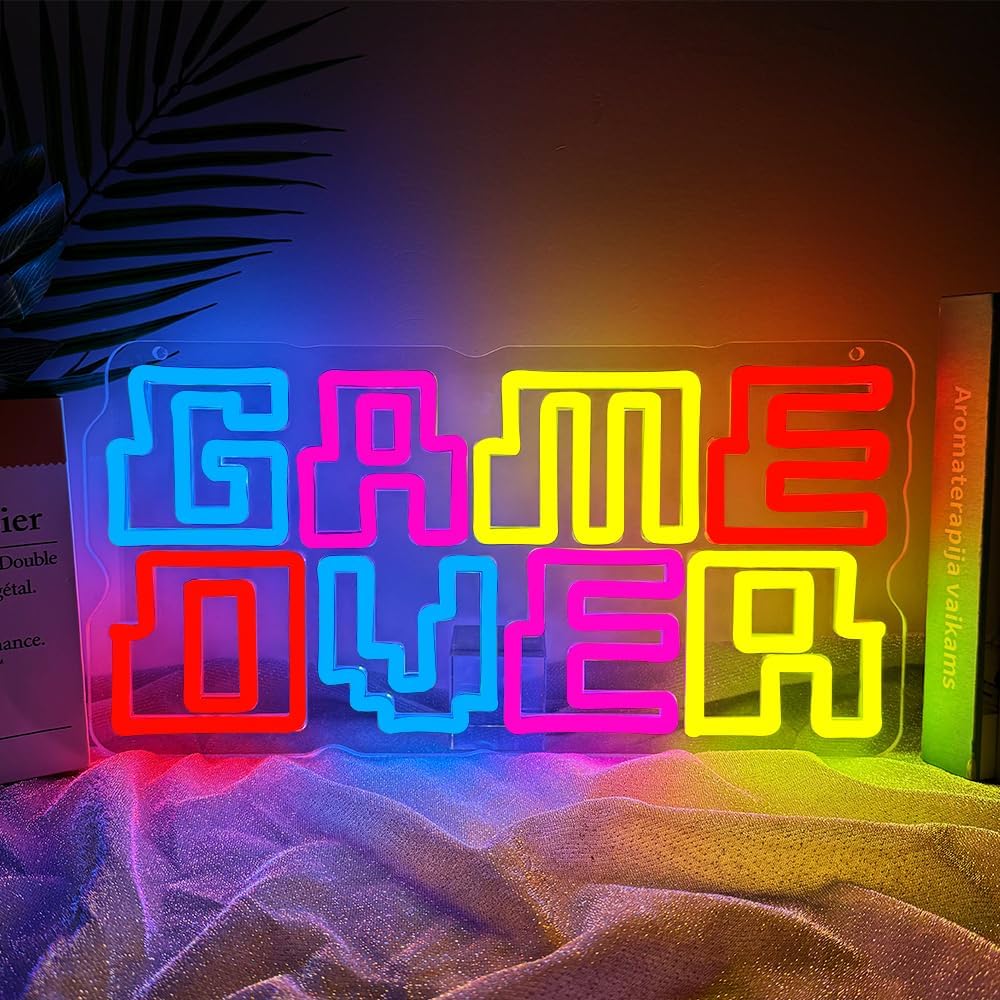 Game Room Neon Sign,Game Over Dimmable LED Light Signs for Wall Art Decor,Gamer Backdrop for Bedroom Club Party Man Cave,Gaming Gift for Boys Teen Men USB Powered（15.4"*7.9"）