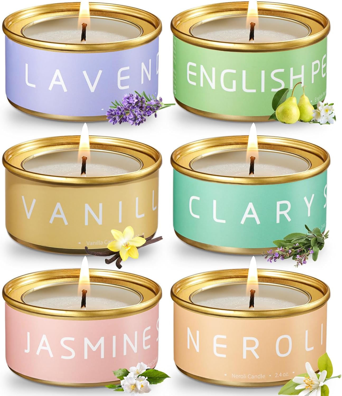 VTS Candles for Home Scented, 6 Pack Aromatherapy Candles (Lavender, Vanilla, English Pear & Freesia, Neroil, Clary Sage, Jasmine Sambac), Candles Gift Set for Stocking Stuffers, Christmas, Birthday