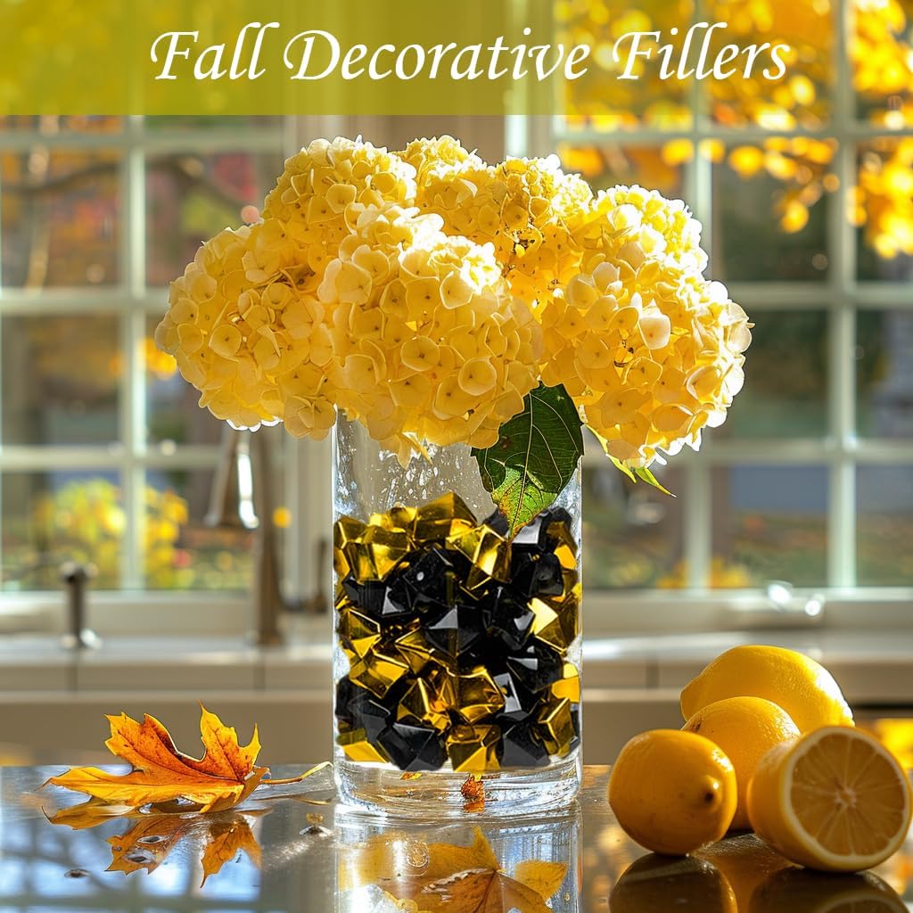 HappyFiller Fall Halloween Decoration Fake Ice Rocks Acrylic Nuggets Gems Stones Pirate Jewels for Wedding Centerpieces Vase Fillers,Graduation Party Table Scatters,Home Accents,Gold Black,14 OZ