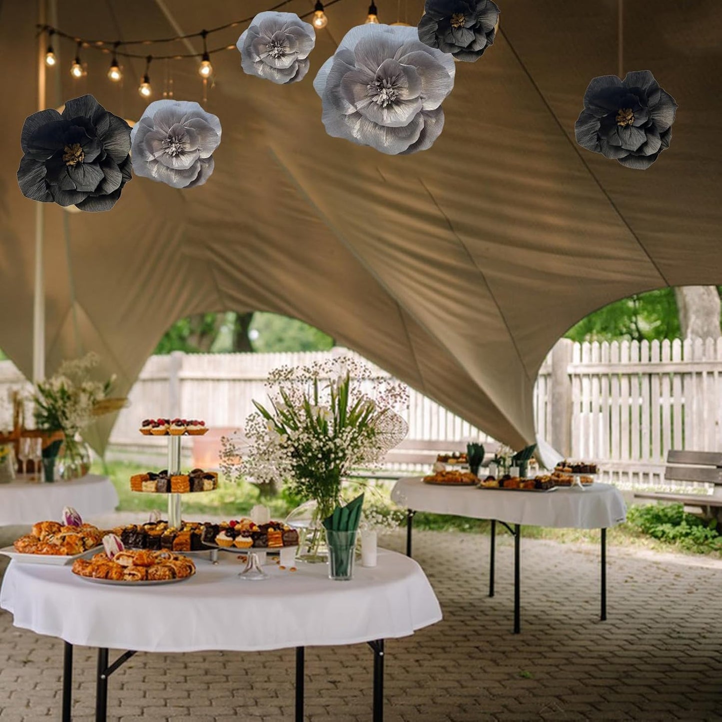 BRT Bearingshui Crepe Paper Flowers Decoration for Wall Total 6 Pcs, Artificial Flowers for Wedding Decor,Flower Backdrop Decor, Baby Bridal Shower Birthday Party, Silver Black 3D Wall Flowers Decor