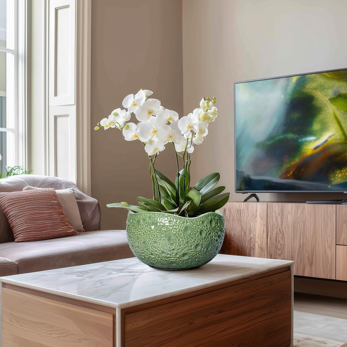 Ceramic Pots for Plants - 10 Inch Plant Pot for Indoor Outdoor, Round Bonsai Pots with Drainage Hole, Modern Planter, Decorative Flower Pot, Living Room Decor, Gifts for Plant Lovers, Green