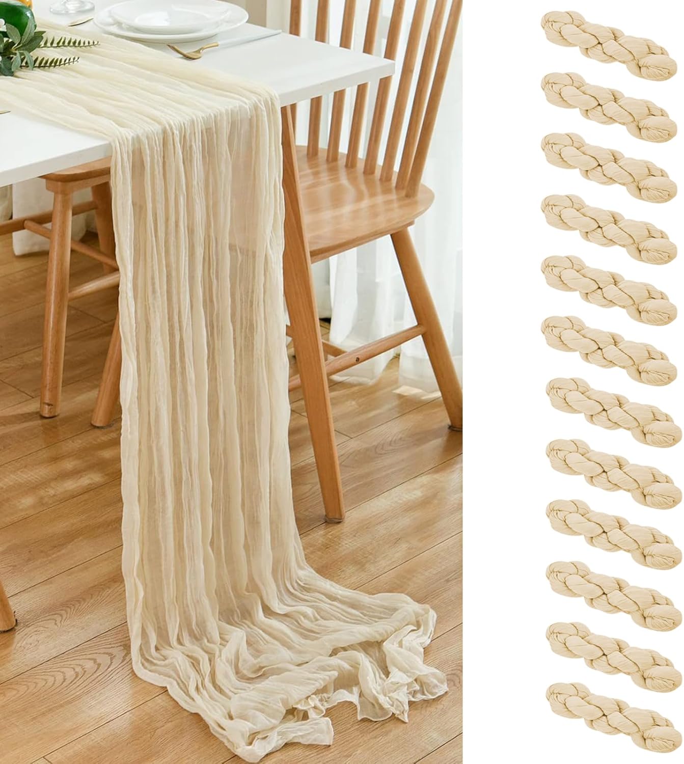 12 Pack Beige 10 Ft Cheesecloth Table Runner 20x121 Inch Boho Wrinkled Sheer Romantic Gauze Decor for Wedding, Bridal Shower, Birthday Party