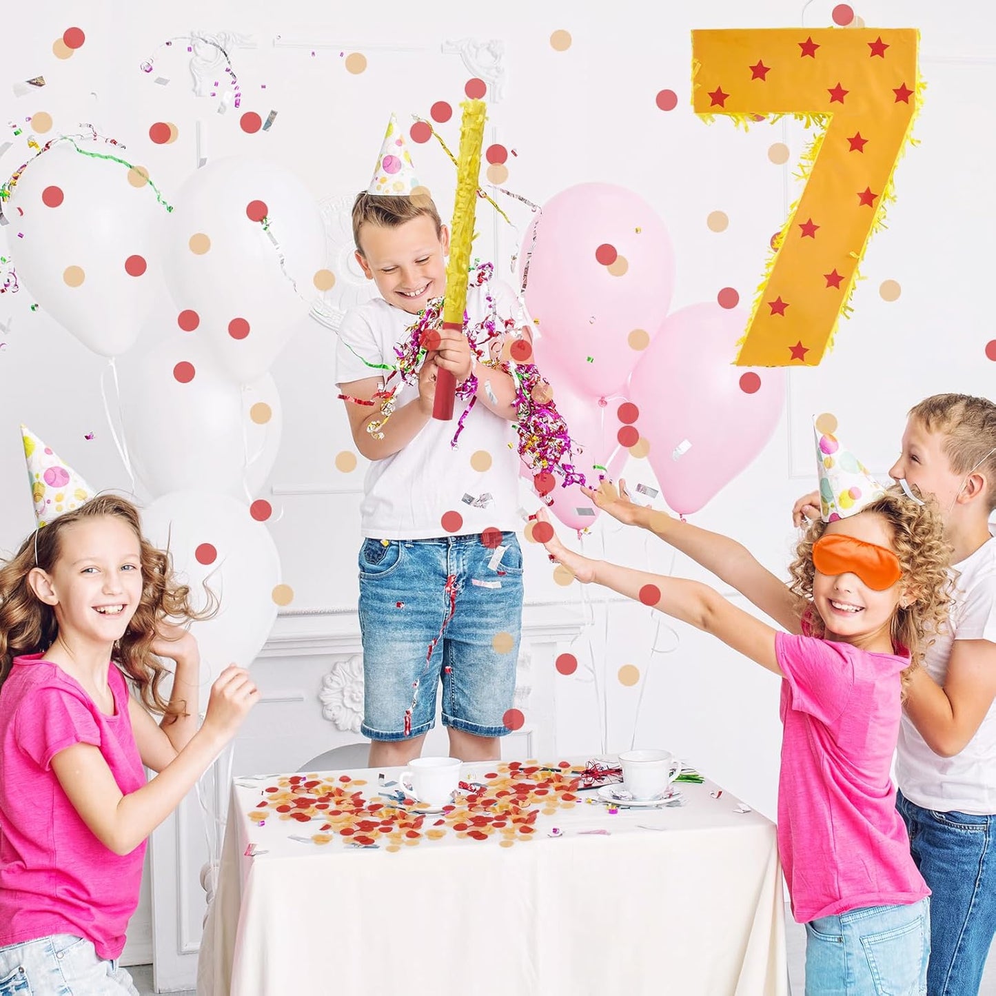 Orange and Red Star Number 7 Pinata, 16 Inch Piñata for 7th Birthday Party Decorations with Stick, Blindfold and Confetti (15.7 inch Number 7 Pinata)