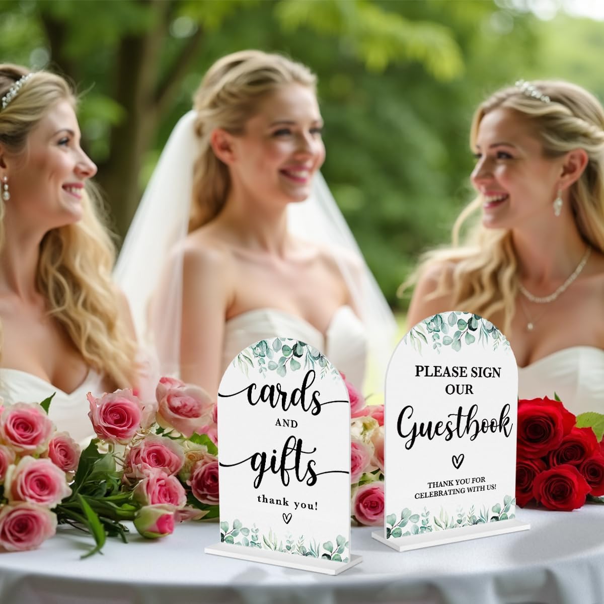 2 Pcs Acrylic Wedding Signs for Reception, Bridal Shower Decorations, Cards and Gifts Signs, Guest Book Sign, Arch Acrylic Table Top Sign with Holder for Wedding Reception (White Eucalyptus Leaves)