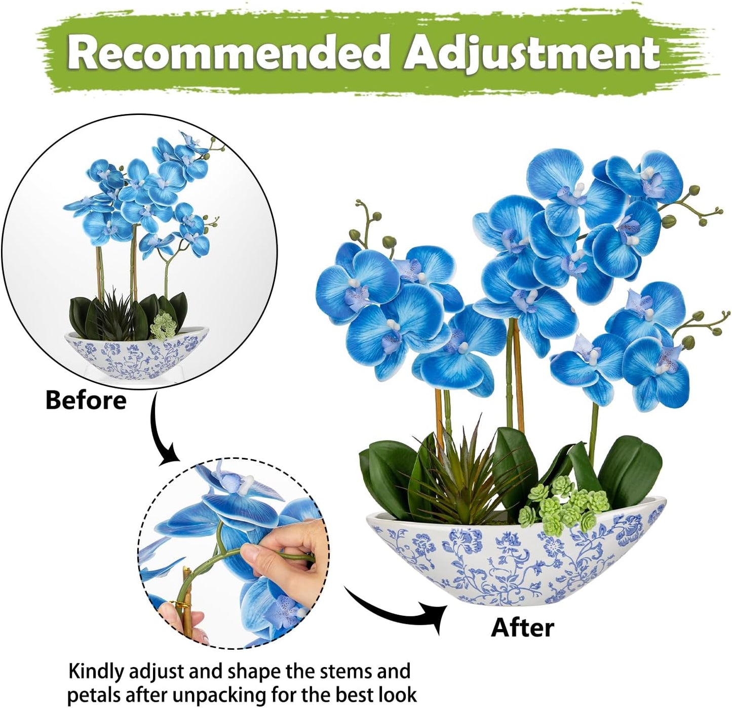 Briful Blue Orchid Fake Flowers 17in Artificial Orchid Silk Flowers in Blue and White Vase Faux Orchid Arrangement for Home Office Bathroom Table Shelf Modern Decoration