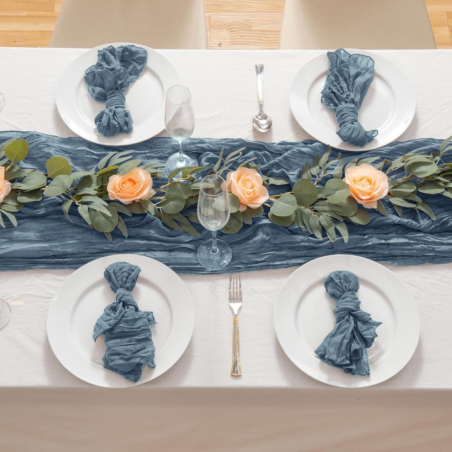 12 Pack Dusty Blue 10 Ft Cheesecloth Table Runner 20x120 Inch Boho Wrinkled Sheer Romantic Gauze Decor for Wedding, Bridal Shower, Birthday Party