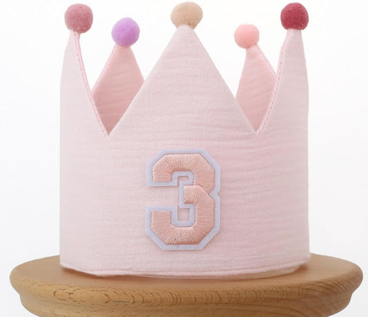 Muslin Crown Hat 1-3 Birthday For Baby Boy Girl Party Decoration Blue Pink Headband