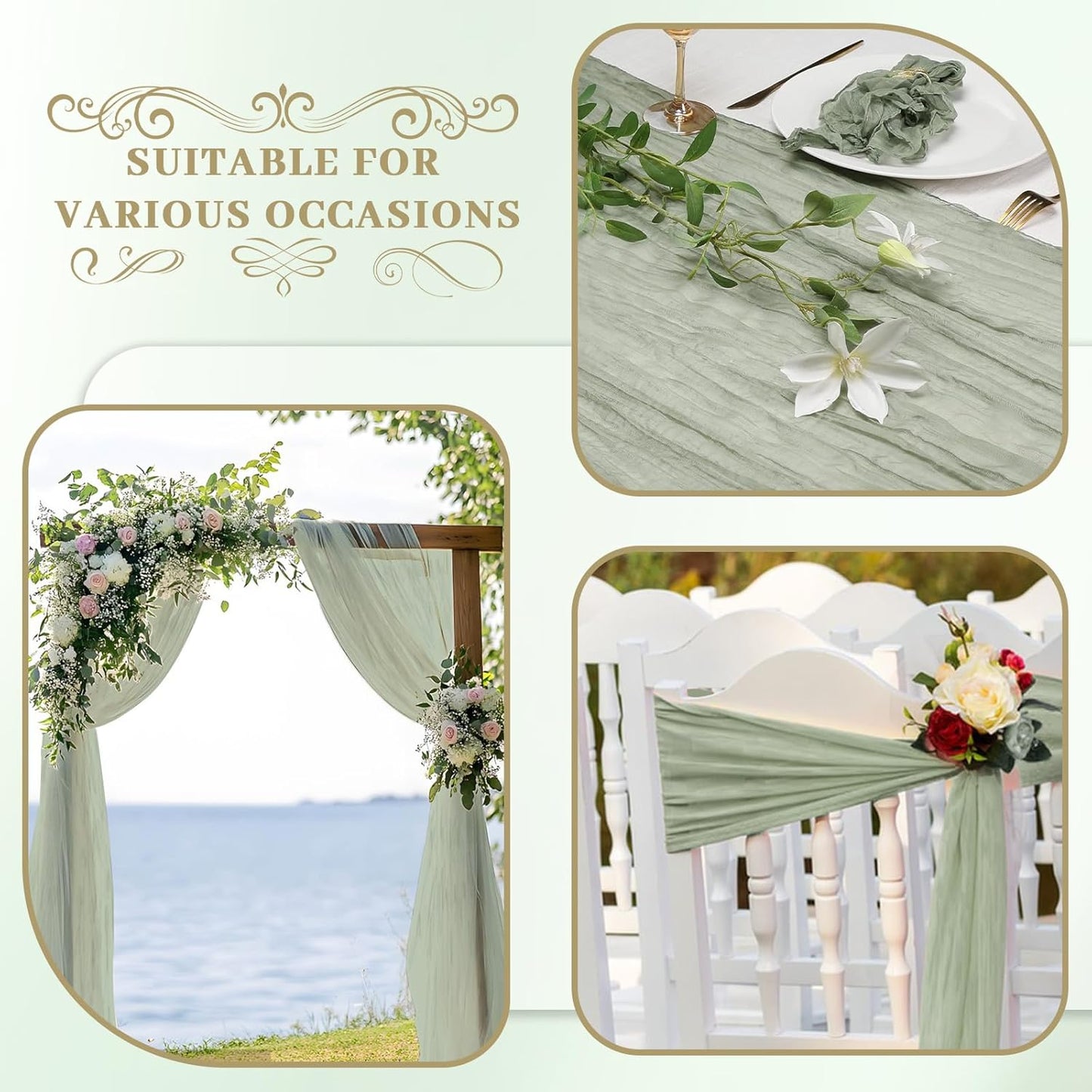 Le courant 12pcs 10Ft Cheesecloth Table Runner, Rustic Boho Gauze Cheese Cloth Runner Table Runner for Weddings Bridal Baby Shower Birthday Holiday Parties Home Decor, Sage Green