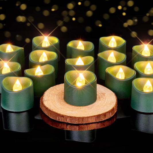 Homemory 24Pcs Green Tea Lights Battery Operated, Flameless Flickering Green Candles, Holiday Candles for Christmas, Home Decor, Theme Party