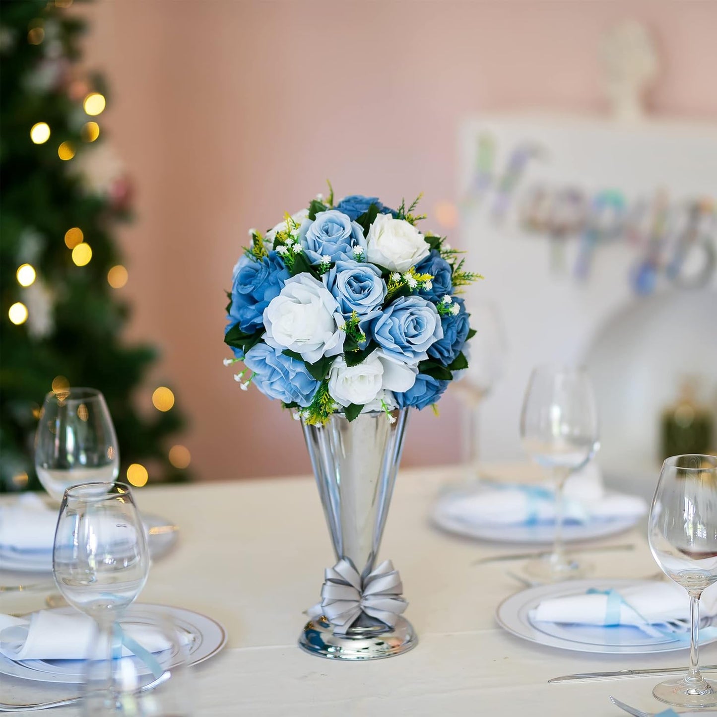 BLOSMON Flower Ball Centerpieces for Table 10 Pcs Fake Rose Centerpiece Flowers Dusty Blue Artificial Silk Floral Arrangement Center Piece Kissing Bouquet for Wedding Party Home Decor