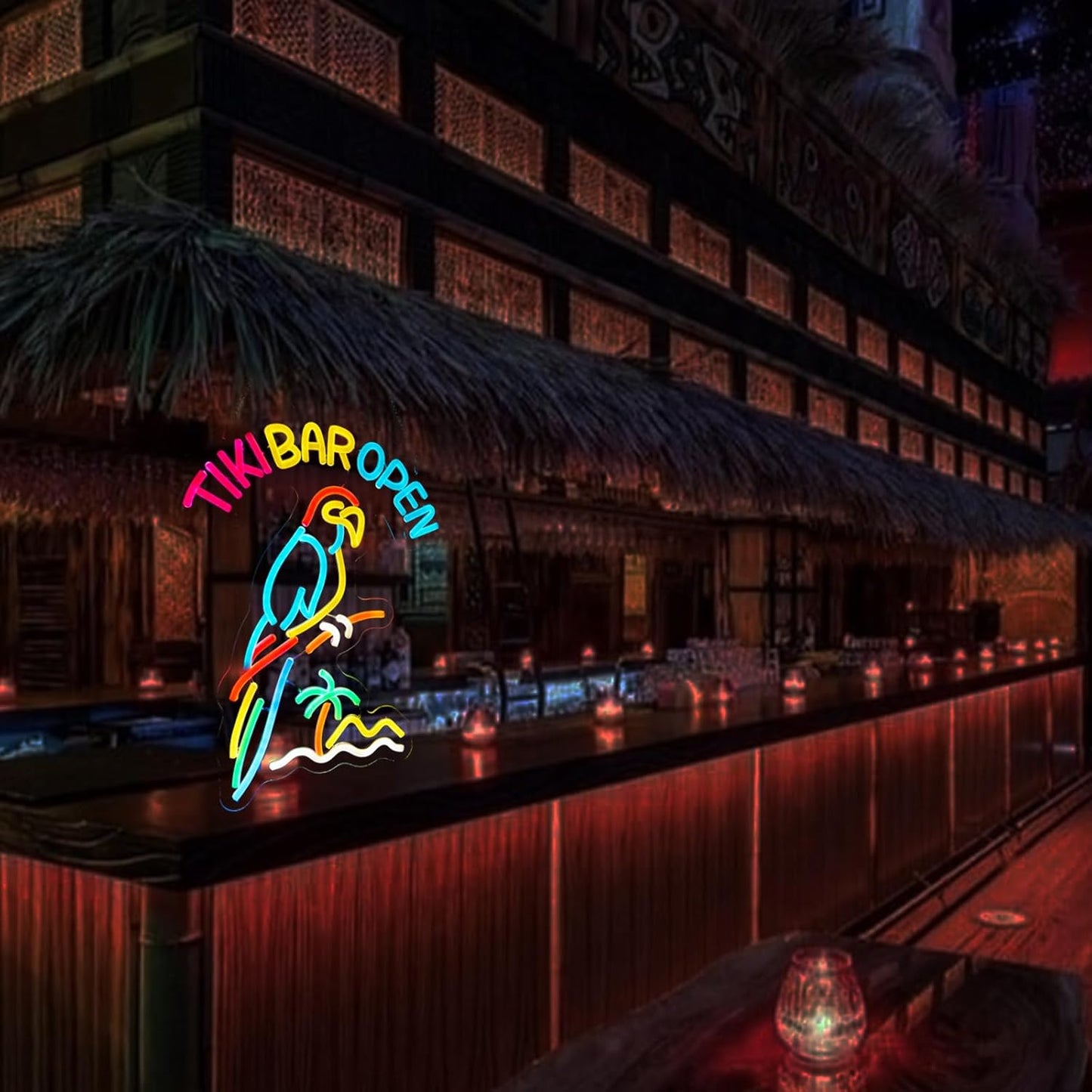 Tiki Bar Parrot Neon Sign for Wall Decor Hawaii Beach Bar LED Sign with Dimmer for Pub Party Man Cave Room Art Decor Gift USB-Powered (16.1x12.6) Inch
