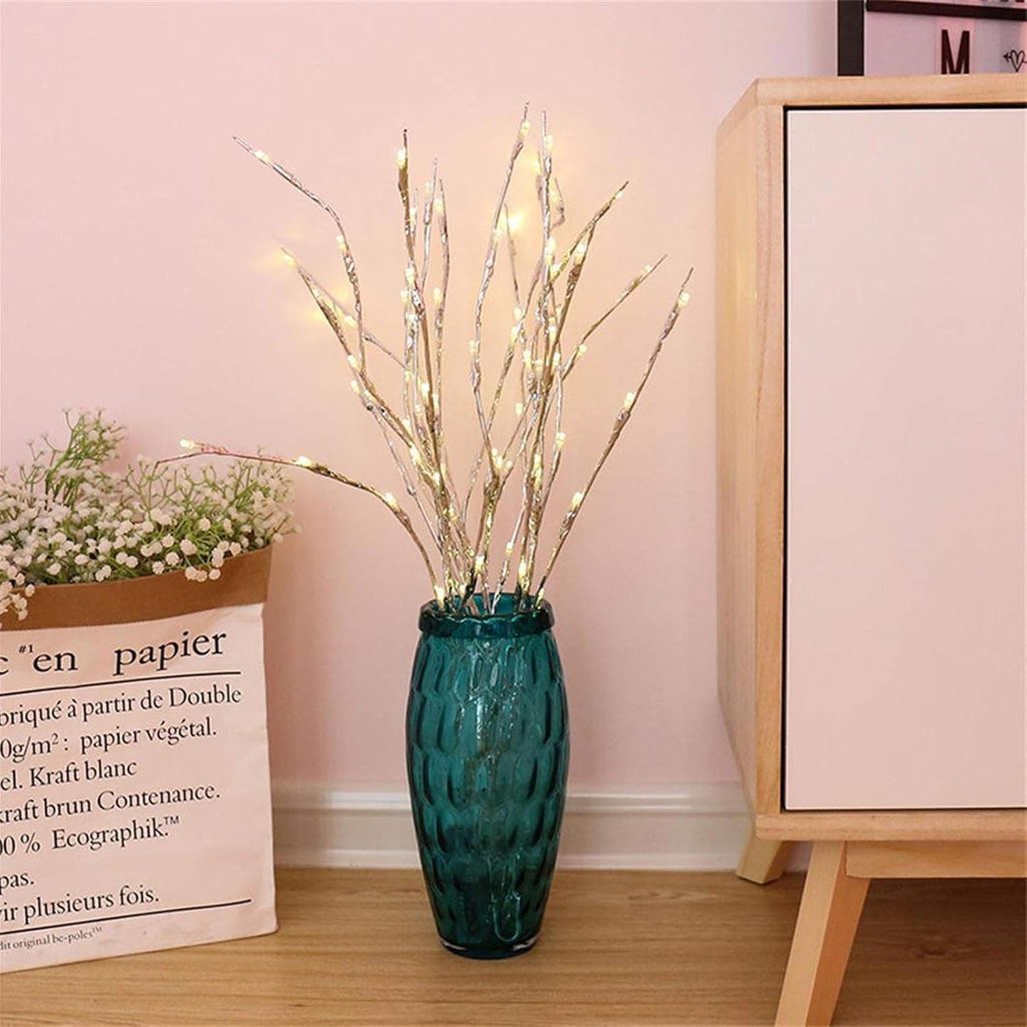 Lxcom Lighting LED Branch Lights 4 Pack 30 Inch Lighted Silver Wrapped Vase Filler Willow Lighted Twig Branch Battery Powered Twig Branches 20 LED Decorative Lights for Home Party Decor, Warm White