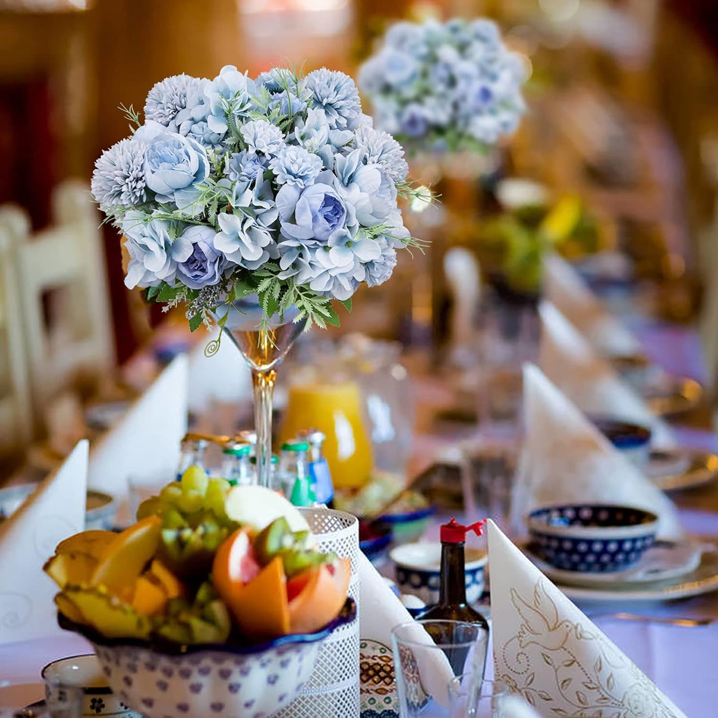 Artificial Flowers, 4 Packs Blue Fake Peony Silk Hydrangea Bouquet Decor Plastic Carnations Daisy Realistic Flower Home Office Party Decor Arrangements Wedding Decoration Table Centerpieces