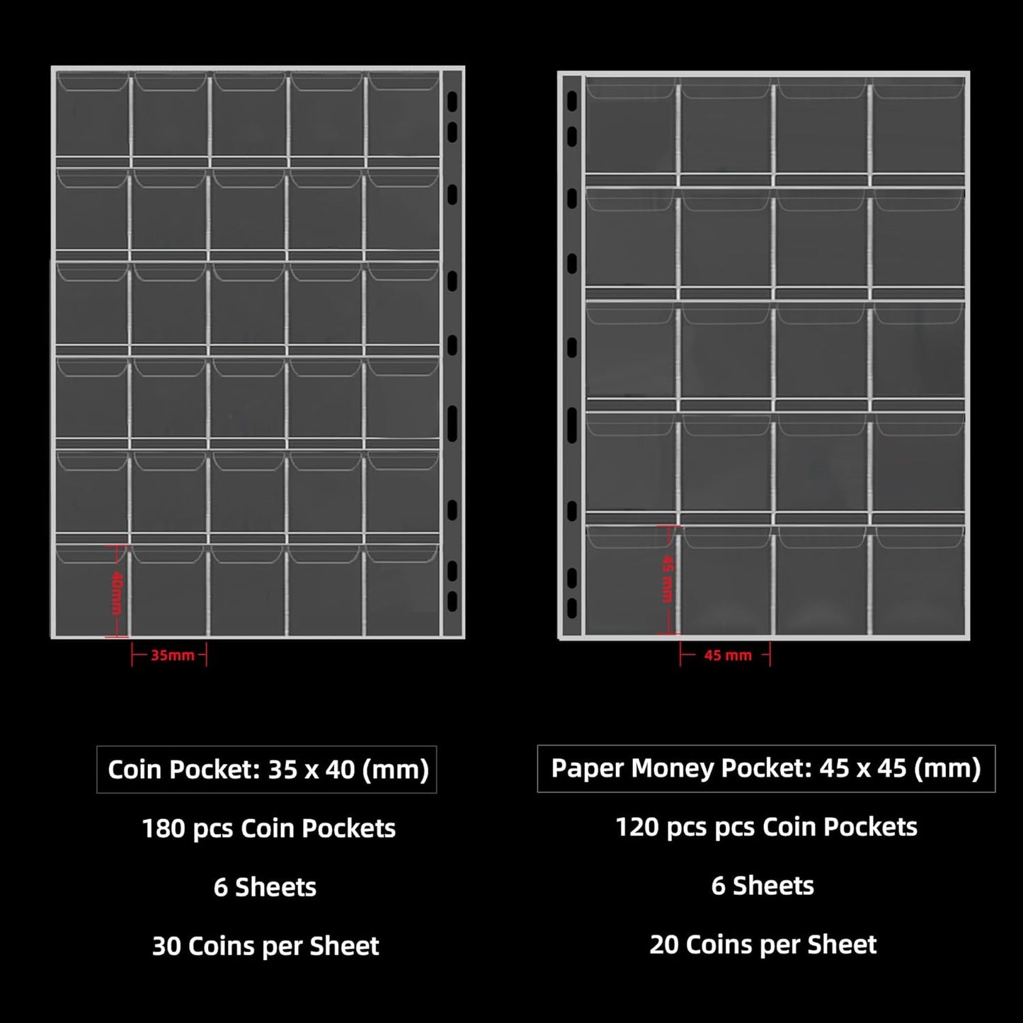 Coin Collection Book Holder for Collectors, 300 Pockets Fireproof Coins Collecting Album & 36 Sleeves Money Storage Case for Coin Currency Collection Supplies, Bill, Quarters, Stamp,Silver