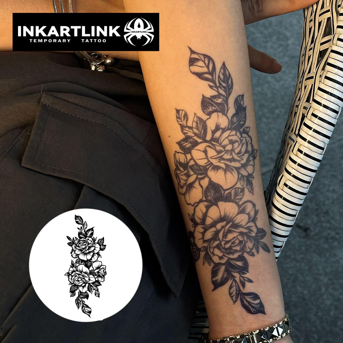 INKARTLINK Tattoo Tech, 2 Sheets Large Semi Permanent Tattoo, Temporary Tattoos, Last 1-2 Weeks, Waterproof, Realistic Look, No Adhesive, No Reflection （Flower Design)123