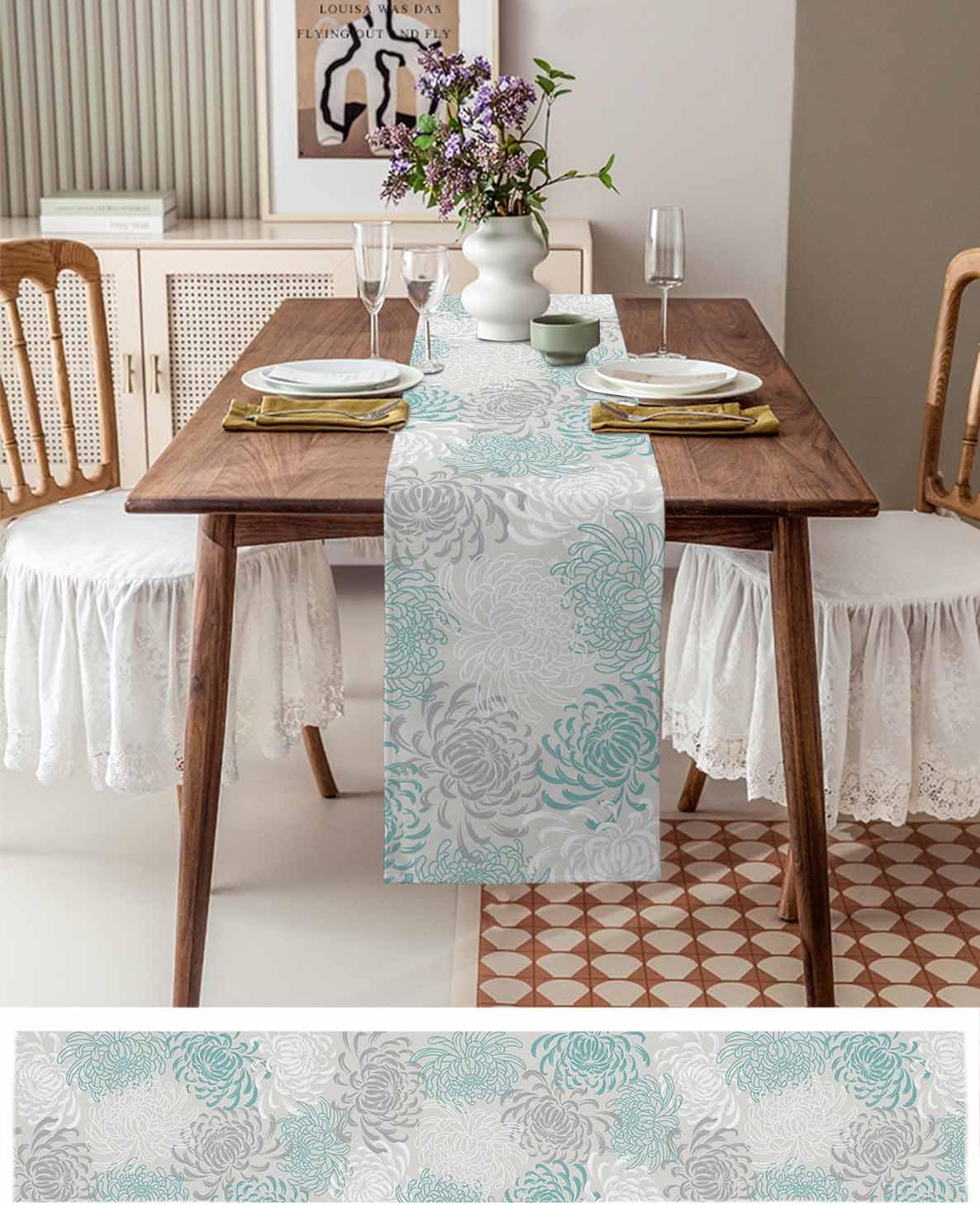 Auqa Chrysanthemum Cotton Linen Table Runner for Dining Kitchen, Wedding Outdoor Party Tablerunners Decoration, Farmhouse Floral Botanical Leaves Dresser Scarf Coffee Tablecloth Runners 13x90 Inches