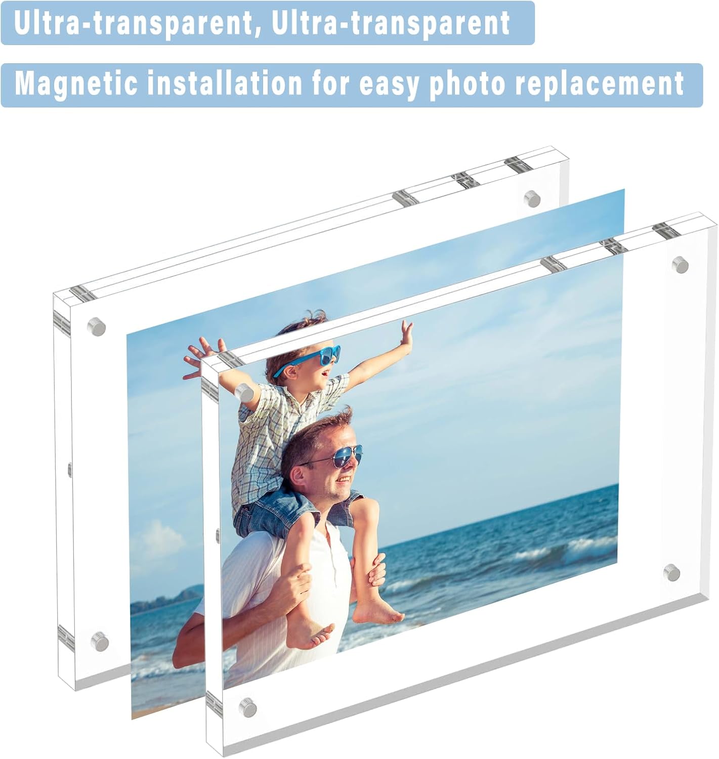 HELPLEX 5 Pack 8x10 Acrylic Picture Frames, 20mm Thicker Frameless Clear Frame, Double Sided Magnetic Frame, Free Standing Desktop Display Stand, UV Protection, Modern Style, 8x10 Size
