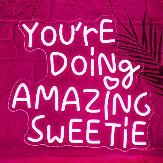 You're Doing Amazing Sweetie Neon Sign,Pink Led Neon Signs for Wall Decor,Dimmable Inspirational Letter Neon Lights USB Amazing Light Up Signs for Bedroom Classroom Party,Gift for Boys Girls