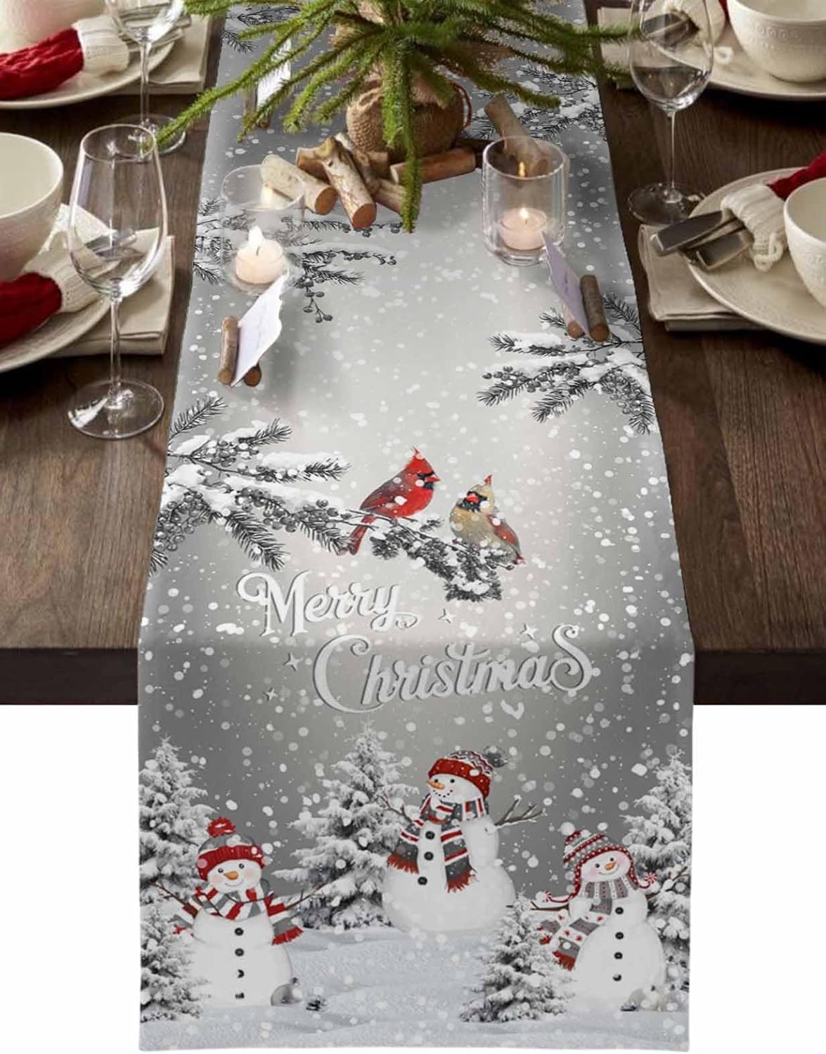 Christmas Snowman Cotton Linen Table Runner for Dining Kitchen, Snowflakes Xmas Pine Tree Wedding Outdoor Party Tablerunner Decoration Winter Bird Dresser Scarf Coffee Tablecloth Runners 13x72 Inches