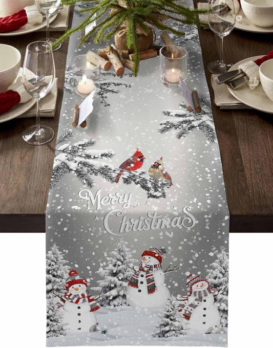 Christmas Snowman Cotton Linen Table Runner for Dining Kitchen, Snowflakes Xmas Pine Tree Wedding Outdoor Party Tablerunner Decoration Winter Bird Dresser Scarf Coffee Tablecloth Runners 13x72 Inches