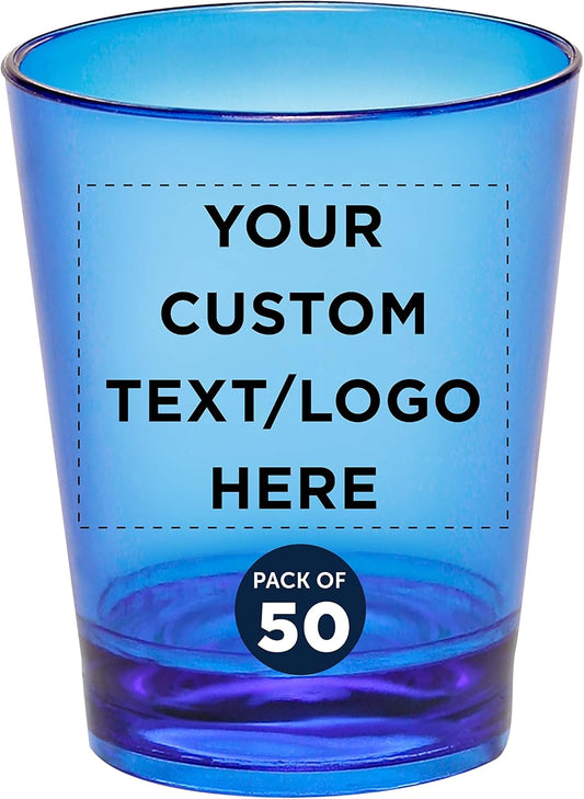 Custom Translucent Plastic Shot Glasses 1.5 oz. Set of 50, Personalized Bulk Pack - Acrylic, Great for Wedding, Party, Birthday, Gifts - Blue