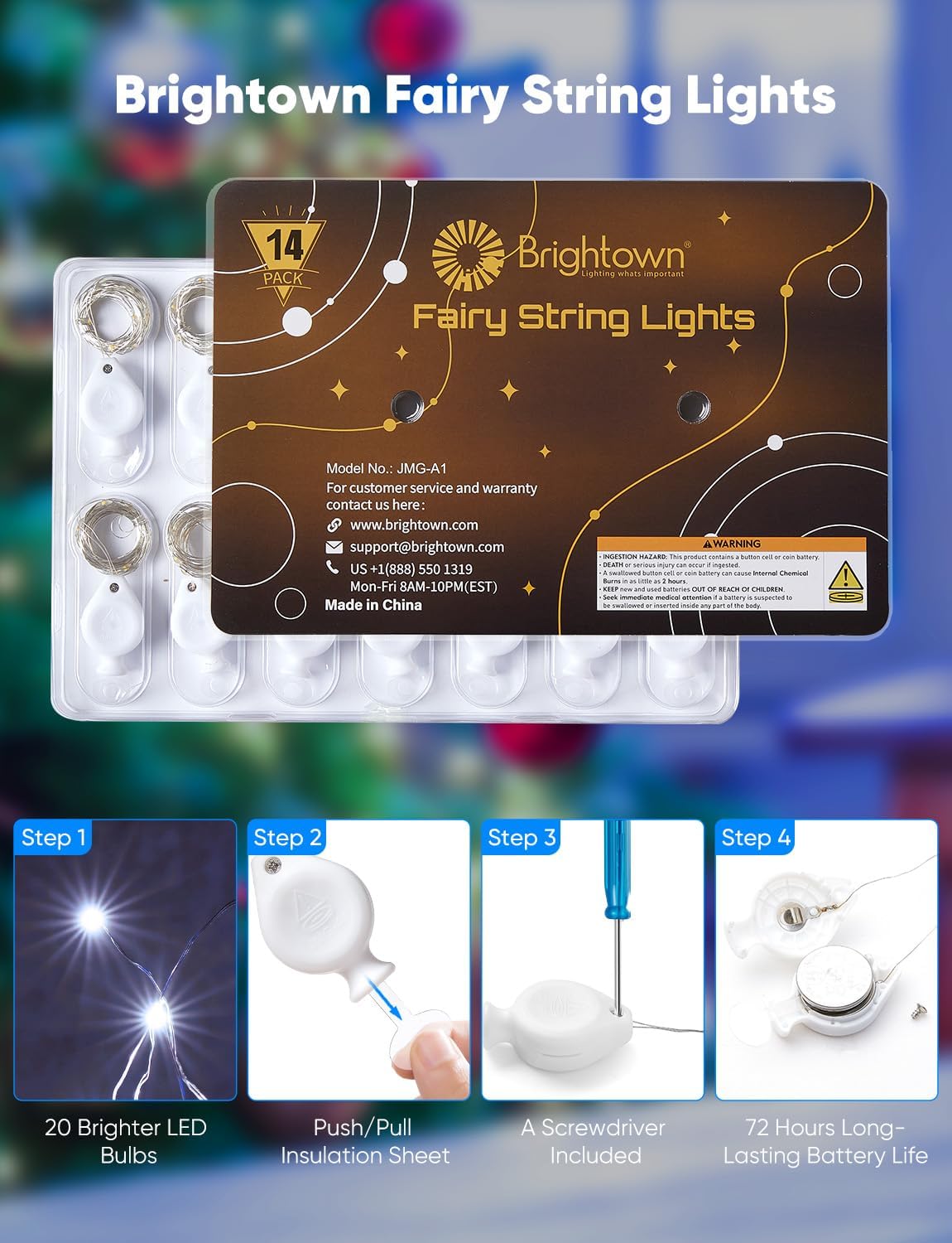 Brightown 14 Pack White LED Fairy Lights Battery Operated String Lights, 7ft 20LED Waterproof Silver Wire String Lights, Firefly Starry Moon Lights for Mason Jars DIY Christmas Wedding Party Bedroom
