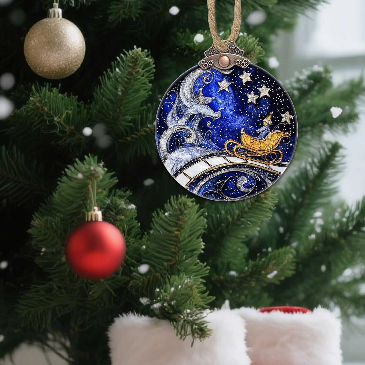 Stained Glass Christmas Decorations, Blue Sky Silver Star Suncatcher for Window Christmas Tree Hanging Ornaments Magic Carpet Sun Catcher Xmas Decor Gifts for Women Men Mom Nana Friend