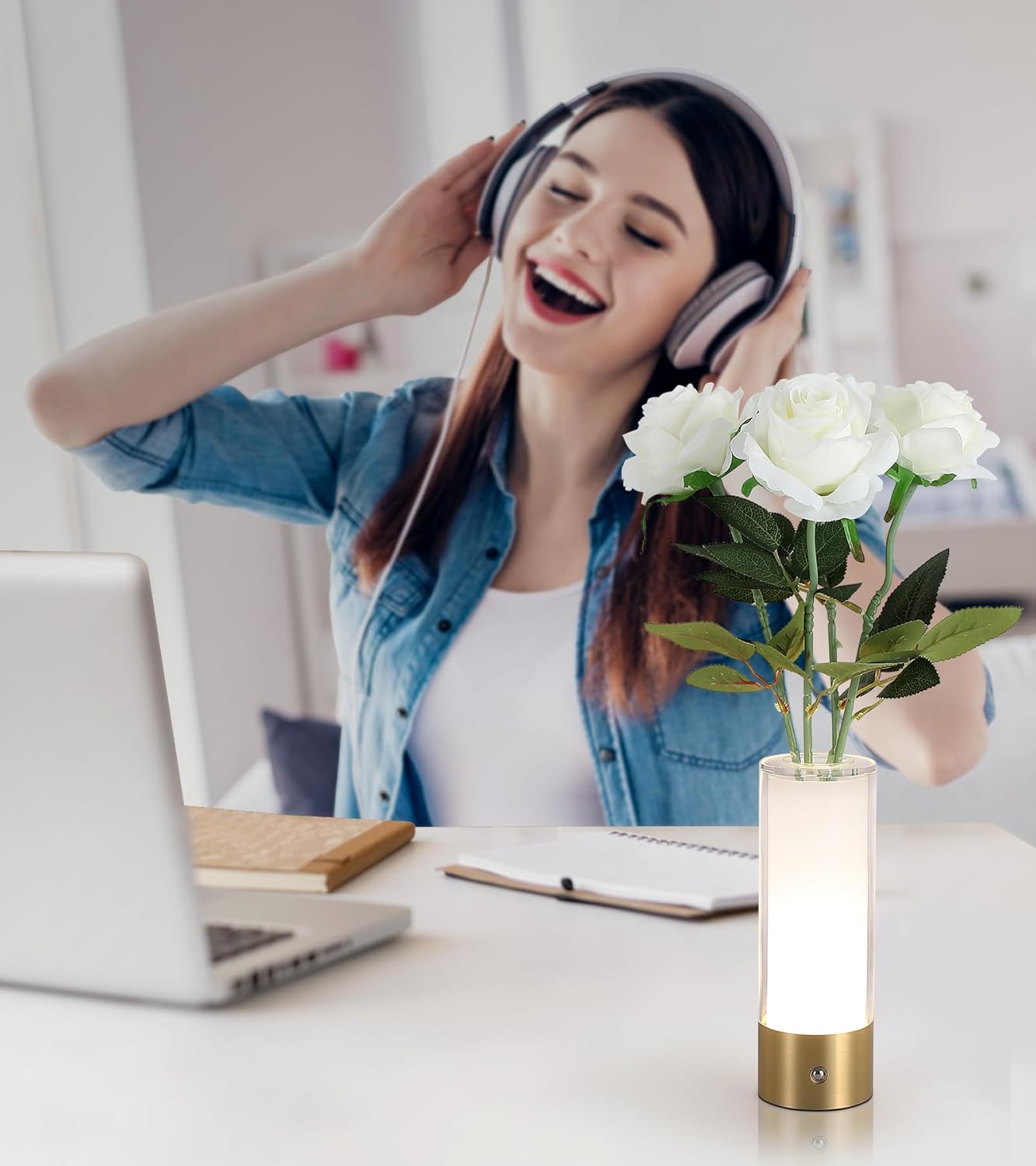 Flower Night Light,Touch Vase Lamp,Rechargeable Cordless Table Lamp,Home Decor Lamp for Dining Table/Bed Room/Bathroom/Closet,Gifts for Women/Mom/Girl, Artificial Roses Included