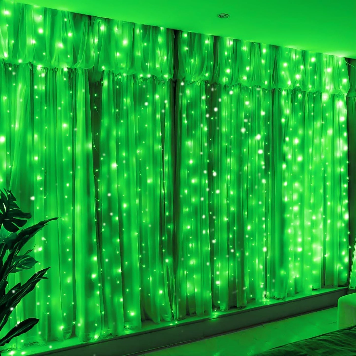 HXWEIYE 300LED Fairy Curtain Lights, 9.8x9.8Ft USB Plug-in 8 Modes Christmas String Hanging Lights with Remote for Bedroom Backdrop Wedding Party Indoor Wall Decor, Green