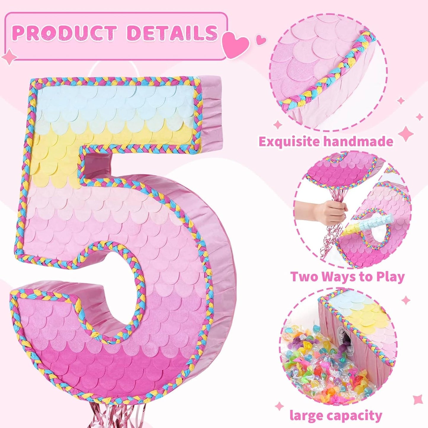 WERNNSAI Pink Sweet Five Pinata - Number 5 Pinata Happy Birthday Decoration Pink Rainbow Design Party Games for Girl Princess Baby Shower Party Favor with Blindfold Anniversary Celebration Supplies