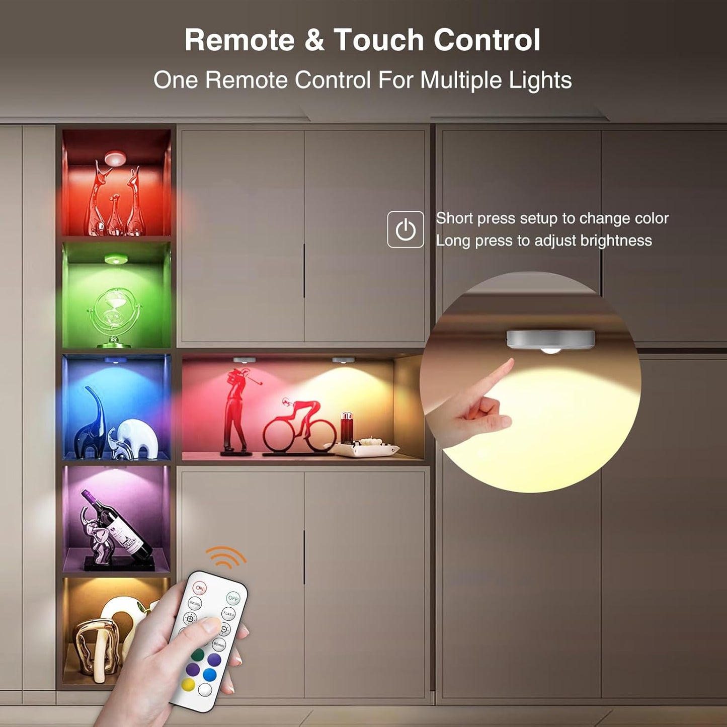 RGB Puck Lights with Remote Control, 2000mAh Rechargeable Stick on Led Lights, 9 Colors & 2 Dynamic, Tap Light with Timing,Under Cabinet Lighting for Closet,Kitchen,Cabinet,Shelf(Silver, 5 Pack)