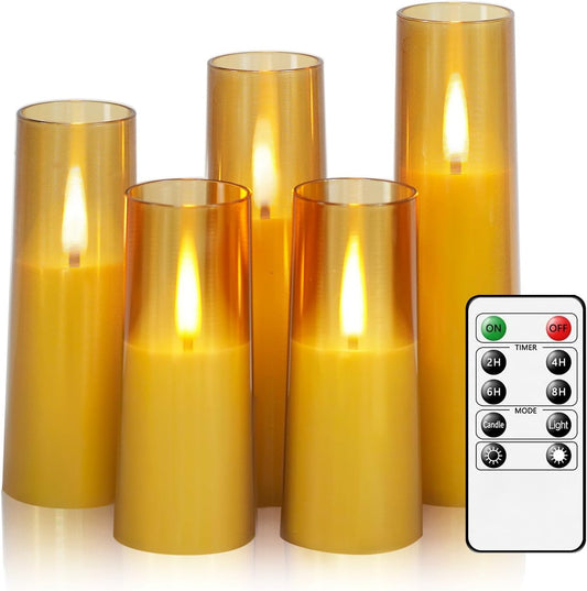 Flameless LED Candles, Upgraded Realistic Flickering Flame Battery Operated Candles with Remote Timer, Acrylic Electric Set of 5 for Romantic Ambiance and Home Decoration (Gold)