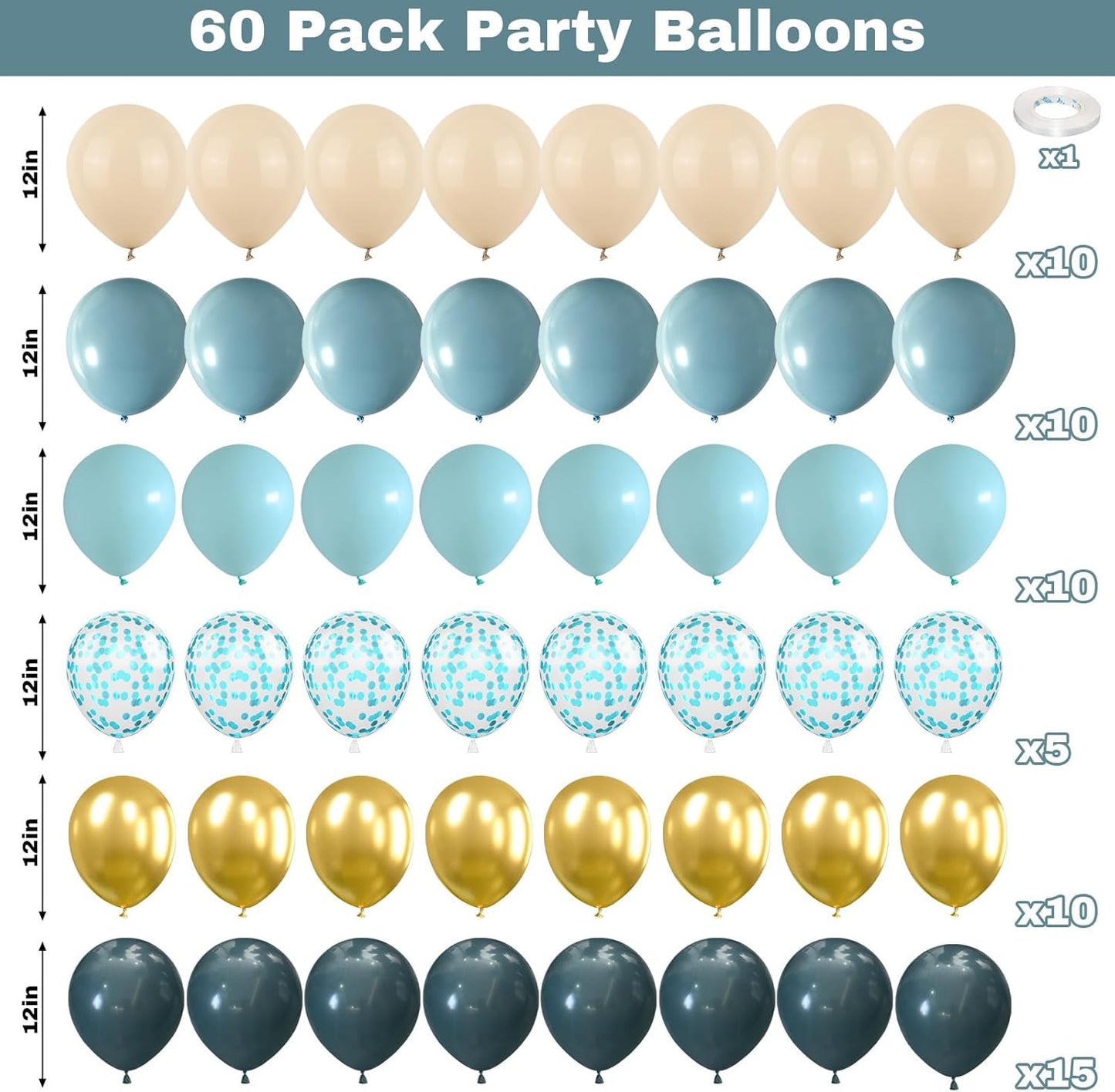 60 Pack Dusty Blue Gold Balloons, Slate Blue White Sand Teal Turquoise Crem Beige Latex Balloon Set Confetti Helium Balloon for Birthday Boho Baby Boy Shower Wedding Party Decorations
