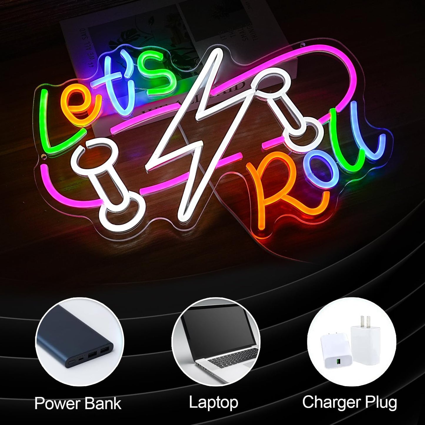 Let’s Roll Neon Sign Dimmable LED Skateboard Sign Light USB Cool Neon Light for Skateboard Shop Sports Bar Party Bedroom (16.5 * 12.2 In)