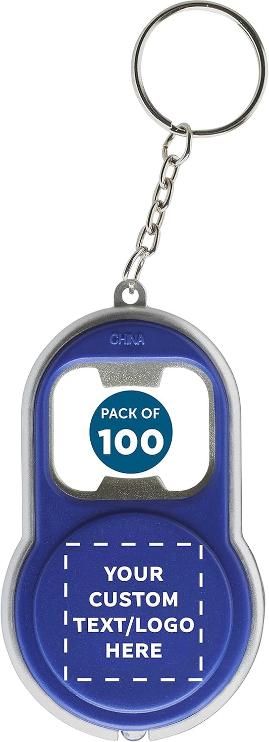 DISCOUNT PROMOS Custom Bottle Opener & LED Keychains Set of 50, Personalized Bulk Pack - Perfect for Tradeshows, Party Favors, Other Events - Blue