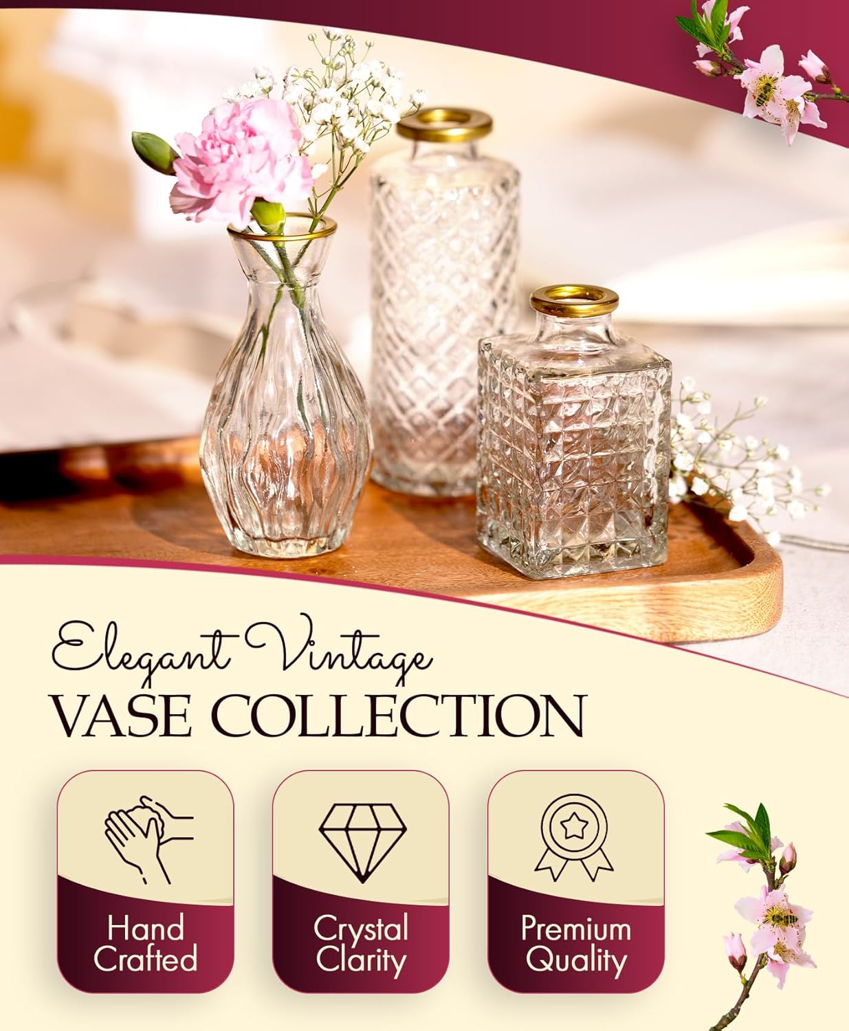 Premium Heirloom Hills Bud Vases for Home Decor, Crystal Clear Glass Flower Vase Set of 30 with Hand-Painted Gold Rims, Small Vases for Centerpieces and Wedding Decorations (Clear, Set of 30)