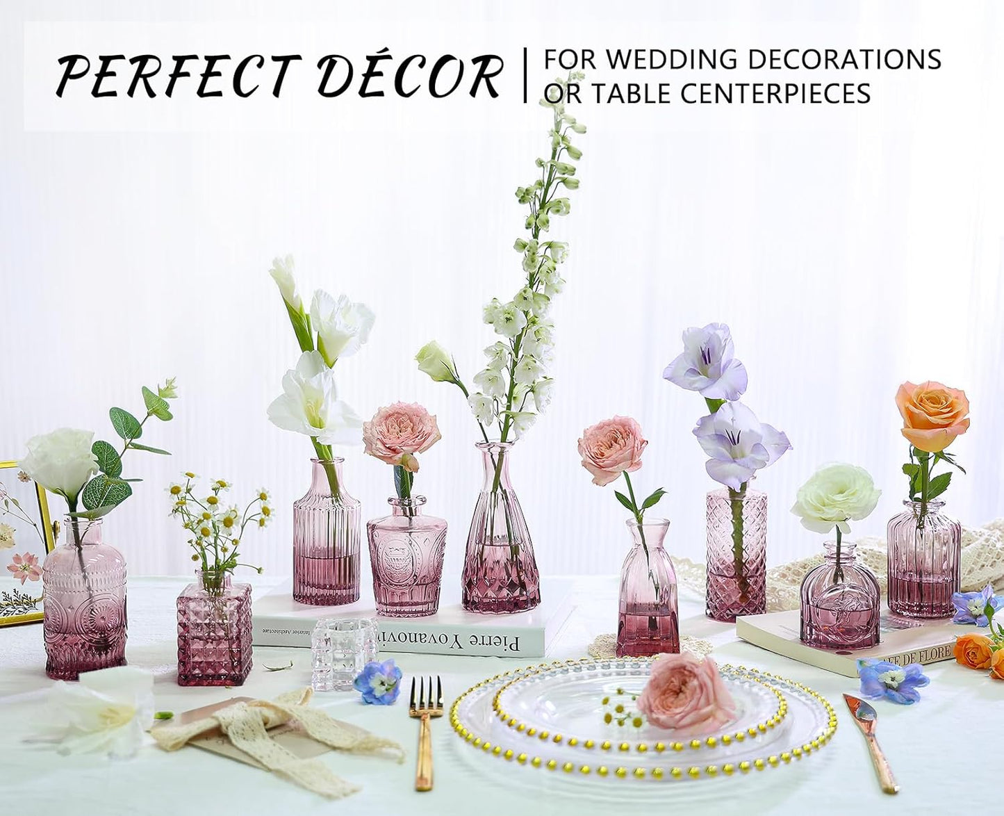 12pcs Glass Bud Vase Set, Small Purple Flower Vases for Centerpieces in Bulk, Mini Vintage Vase for Wedding, Home,Table Decoration