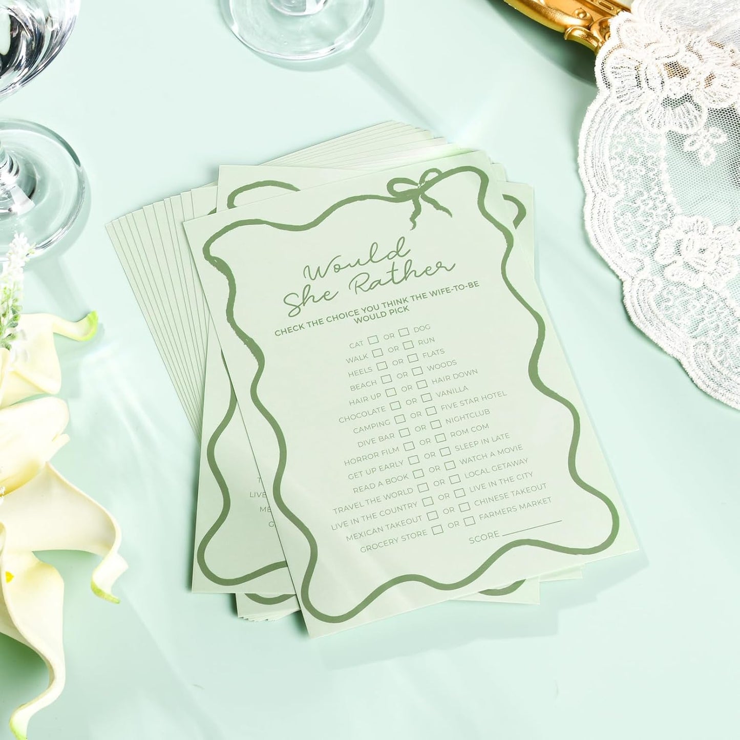 DEEKA 30 PCS Bridal Shower Games Card for 30 Guests Sage Green Wavy Border Ribbon Bow Funny Wedding Bachelorette Party Games for Reception (Would She Rather)