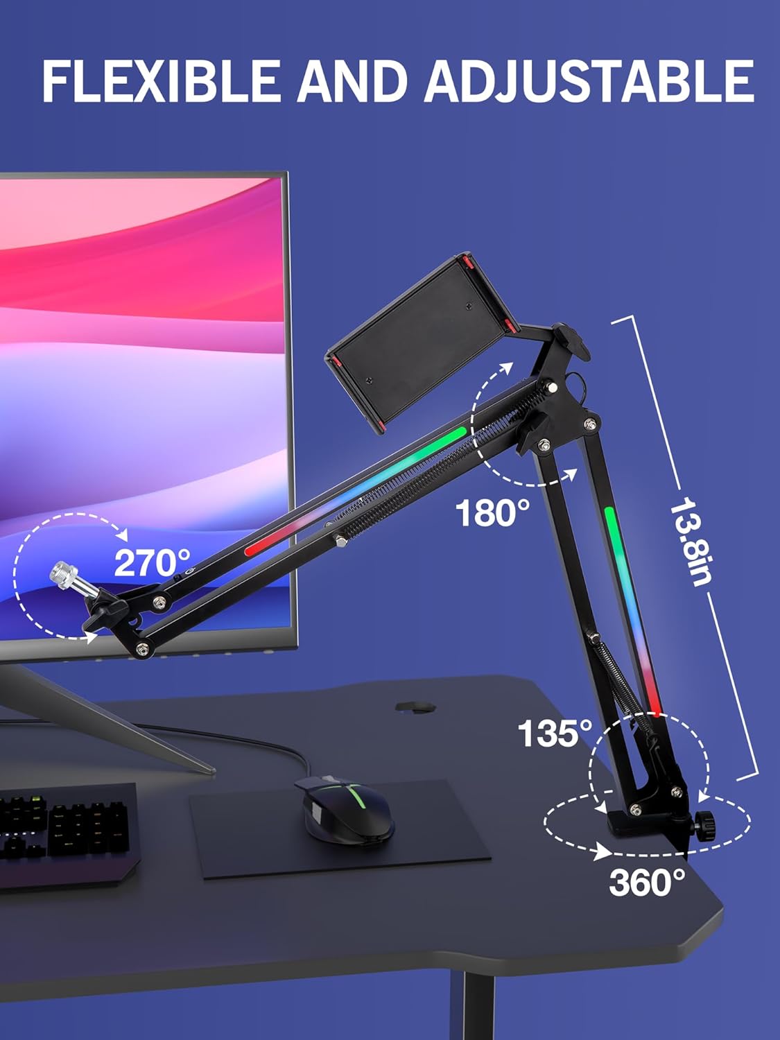 SUNMON RGB Boom Arm - Mic Arm With RGB Light, Adjustable 11 Light Modes, Microphone Boom Arm With Adapter Compatible with Fifine Microphone, Blue Yeti, HyperX QuadCast and Most Gaming Mic