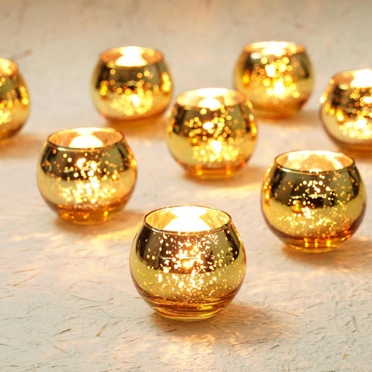 Homemory 12 Pcs Gold Votive Candle Holders, Round Mercury Glass Candle Holder, Tealight Candle Holders for Table Centerpieces, Baby Shower,Anniversary, Wedding, Home Decor, Halloween, Christmas