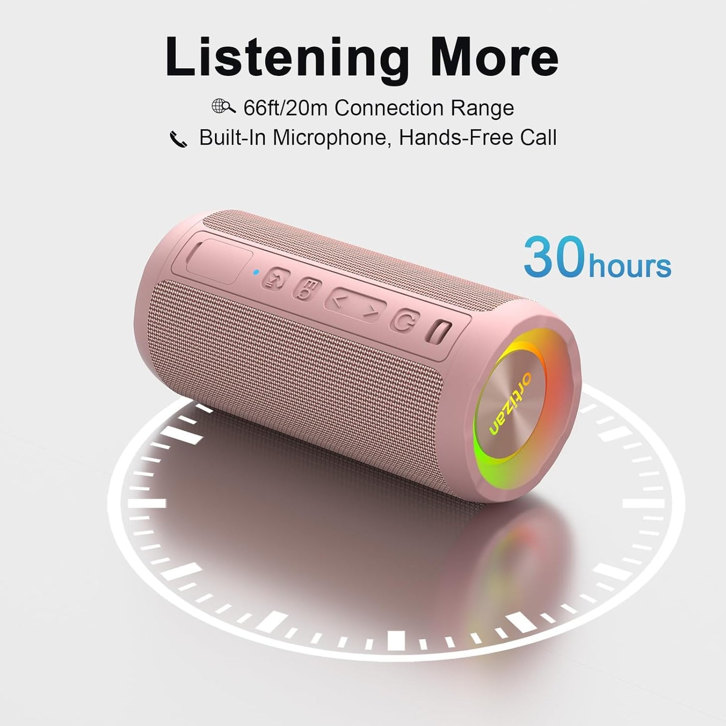 Ortizan Wireless Portable Bluetooth Speaker, IPX7 Waterproof, Dustproof and Rustproof, Powerful 24W Sound, Enhanced Bass, 30 Hour Battery, 360° Party Light, and Stereo Pairing (BT 5.3), Gifts - Pink