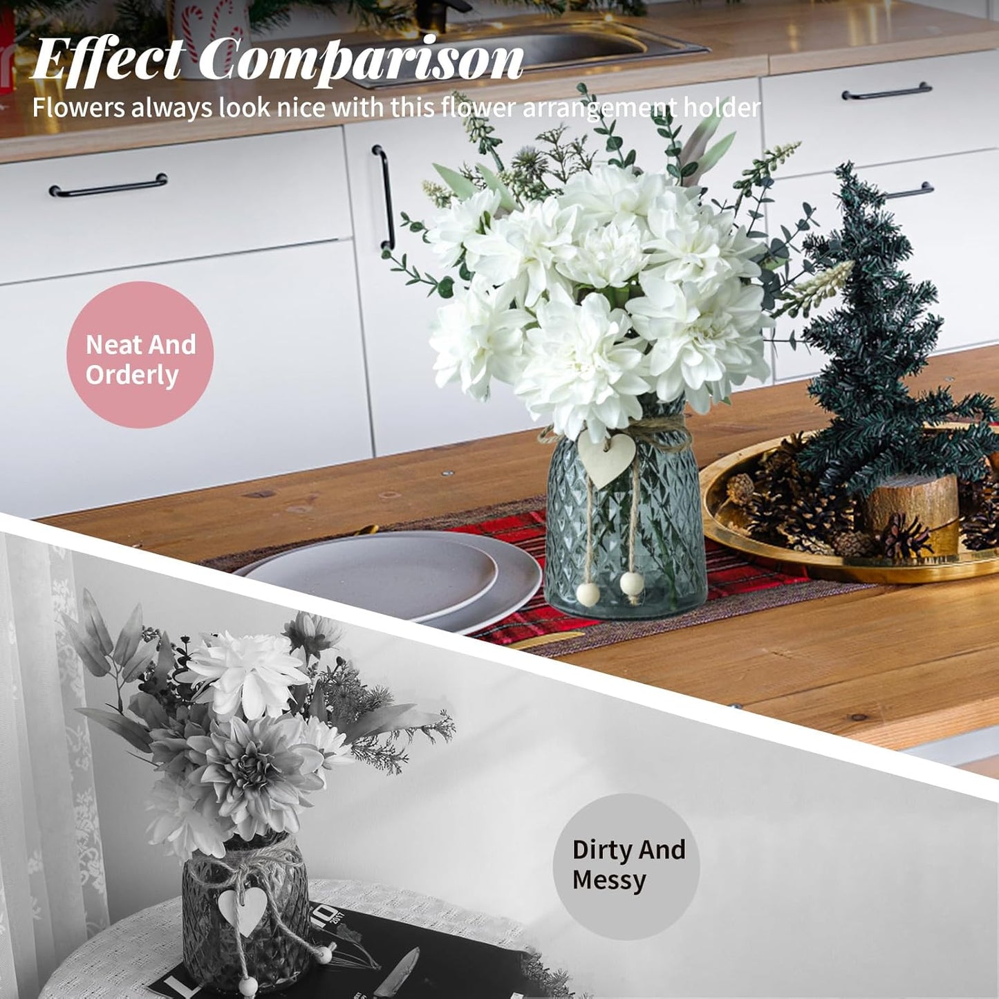 Fake Flowers in Vase,8 Dahlias,Silk Artificial Flowers in Vase,Centerpiece Table Decorations,Coffee Table Decor,Faux Flowers in Vase with a Flower Arrangement Holder