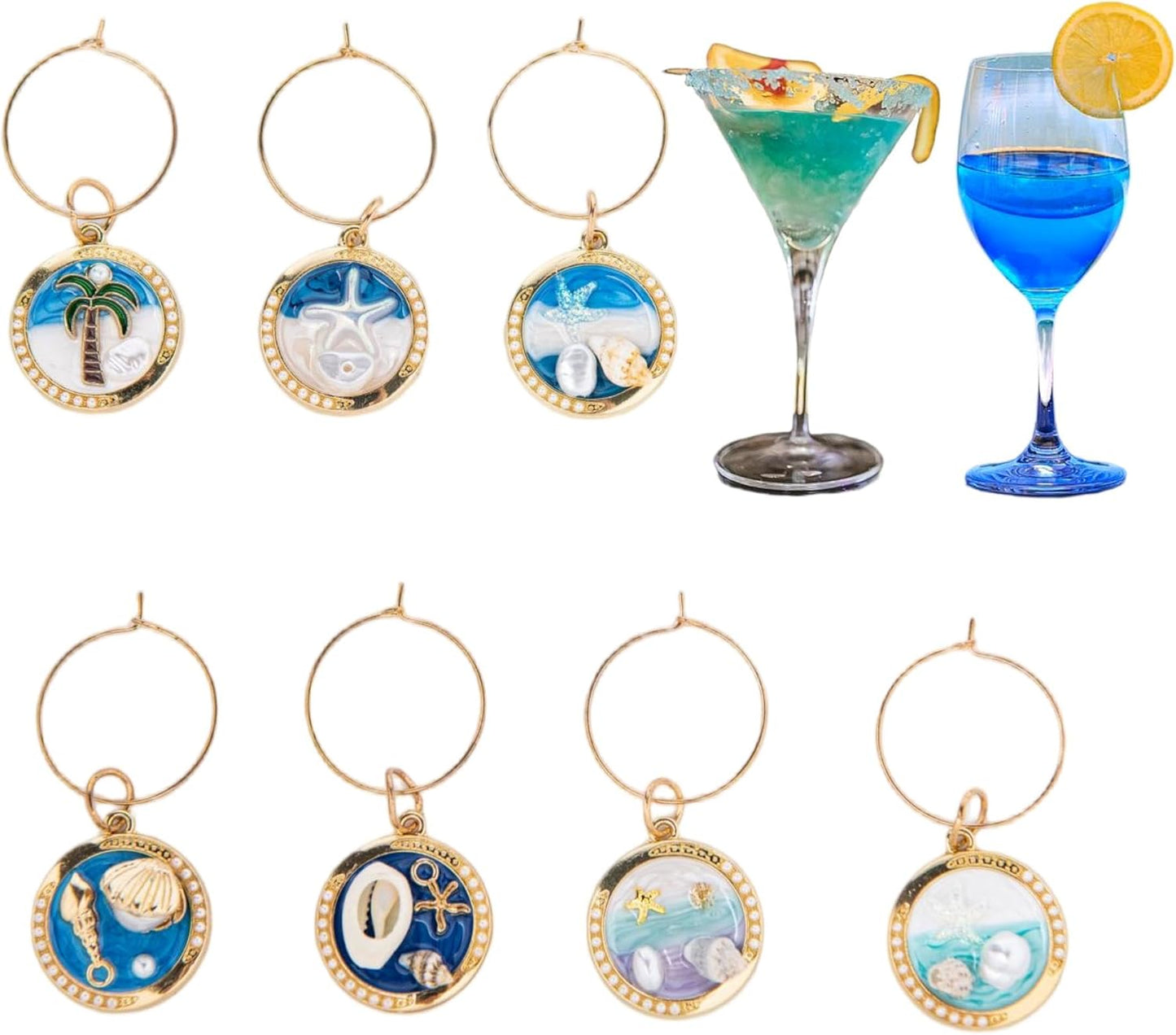 24Pcs Wine Glass Charms & Markers - Reusable Identifier Tags for Stem Glasses - Funny Non-Scratch Charms for Summer Beach, Christmas & Wine Party